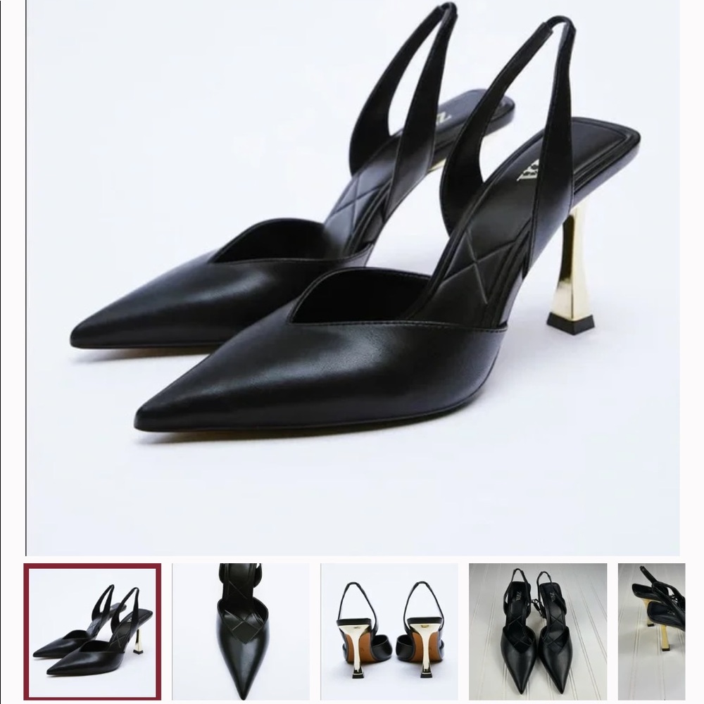 Zara Black Metallic Heeled Leather Slingback Shoes, Size 38 or 7.5, in dust bag